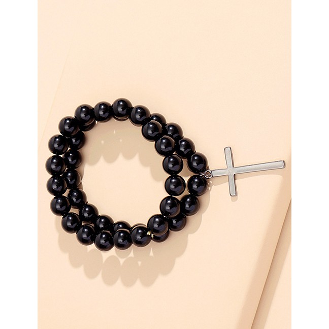 LRC Gelang Tangan Fashion Black Environmentally Friendly Alloy Cross Round Bead P48054