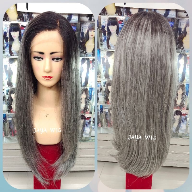 Frontlacewig Rambut Palsu Wanita Lurus Panjang Warna Ombre Silver