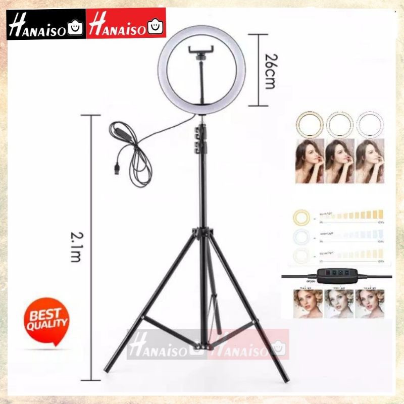 Termurah MEDAN Hanaiso RING LIGHT 26 CM + TRIPOD STAND 2.1 M RINGLIGHT MAKE UP LIVE STREAMING VLOGGER