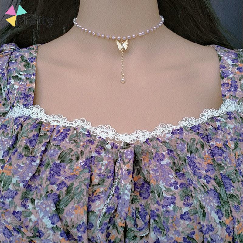 Retro Butterfly Pearl Kalung Lembut Gadis Kecil Cinta Liontin Kalung Rantai Klavikula - PD