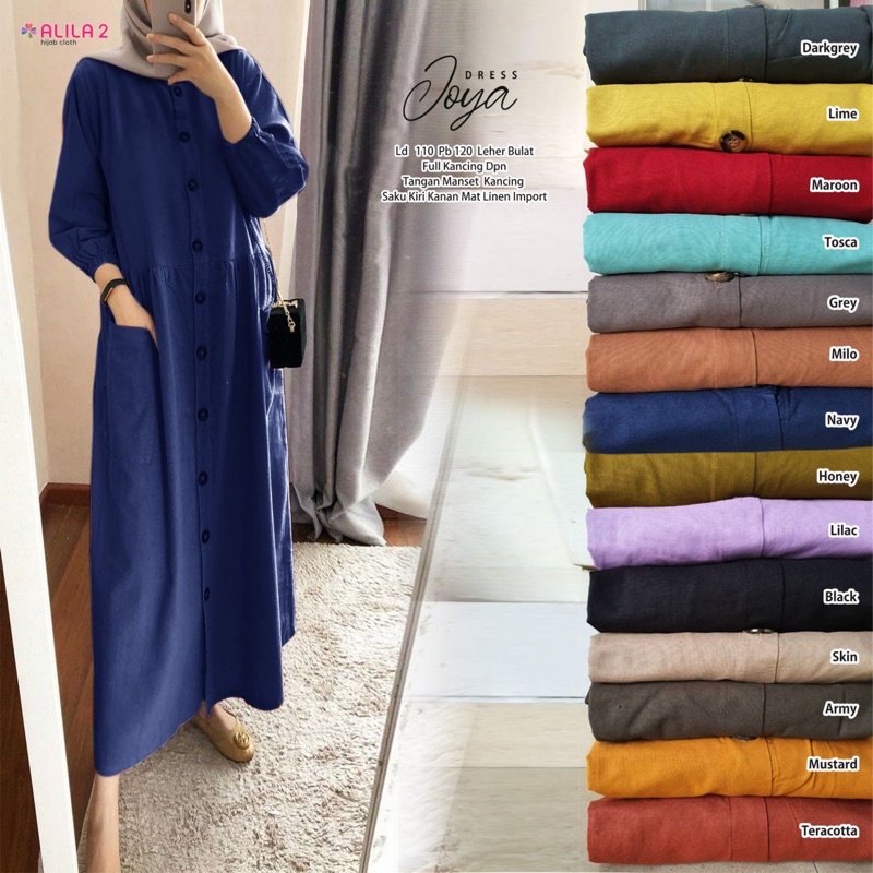 Joya dress midi ori alila solo kancing aktif busui polos warna warni ld 110 katun linen import