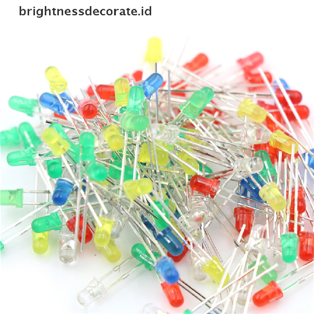 100 Pcs / Set Dioda Pemancar Cahaya Led 3mm Warna Merah Hijau Putih Biru Kuning 20ma 2 Pin