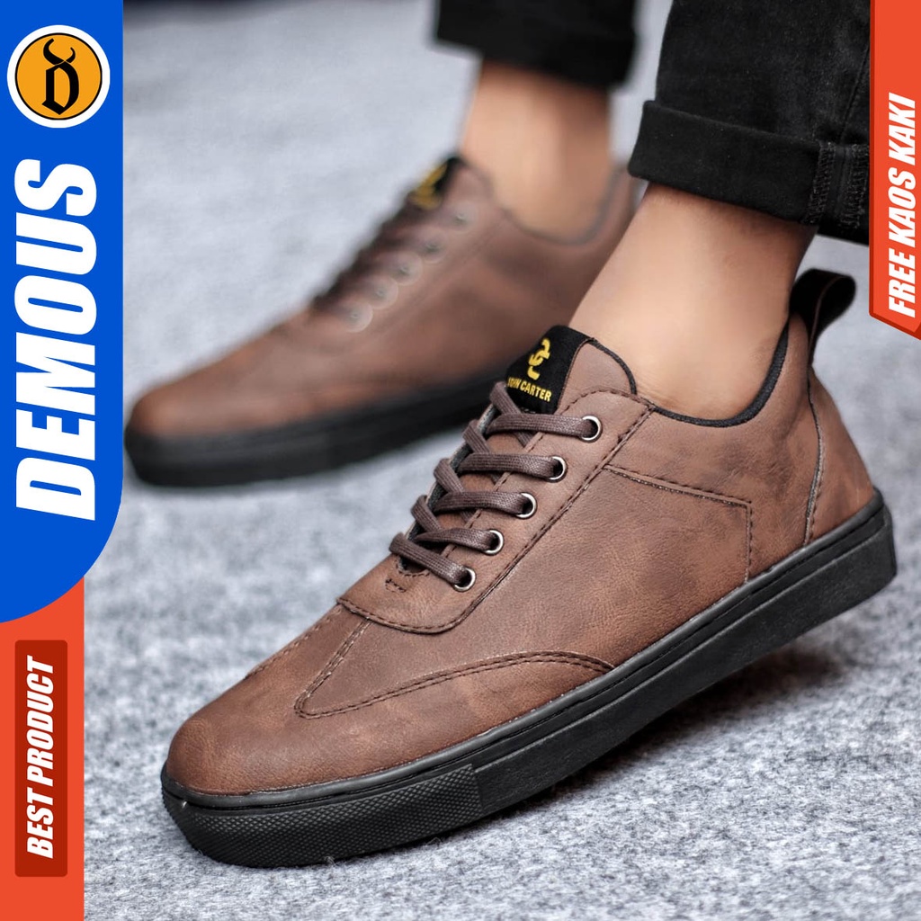 Sepatu Sneakers Casual Pria Kulit Pu Kerja Hitam Coklat Demous Autentic