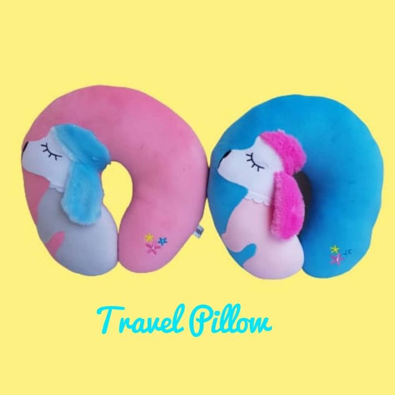 BANTAL TRAVEL LEHER KEPALA POODLE PINK BIRU