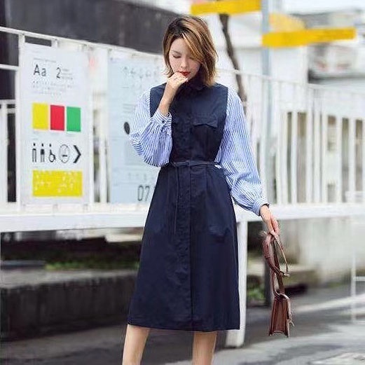 DRESS KEMEJA MIDI KATUN PREMIUM BIRU TUA NAVY PANEL GARIS KOREA IMPORT