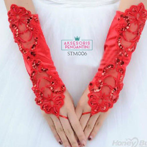 [PRODUK FAVORIT] SARUNG TANGAN RENDA MERAH FINGERLESS AKSESORIS PENGANTIN STM006