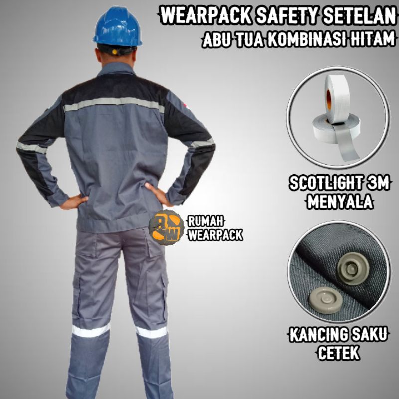 Setelan Baju Safety Abu Tua Kombinasi Hitam  dan Celana Abu tua