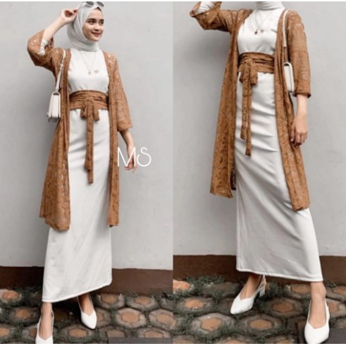 ONE SET DRESS MUSLIMAH / INNER + OUTER DAN OBI BELT SET JUMBO LENGAN SERUT MERAH  HITAM / SETELAN WA