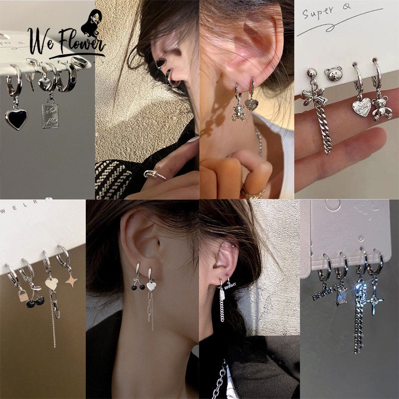 We Flower 4 / 6PCs Anting Tusuk Gantung Silver S925 Wanita Desain Hati Cherry Hias Kristal