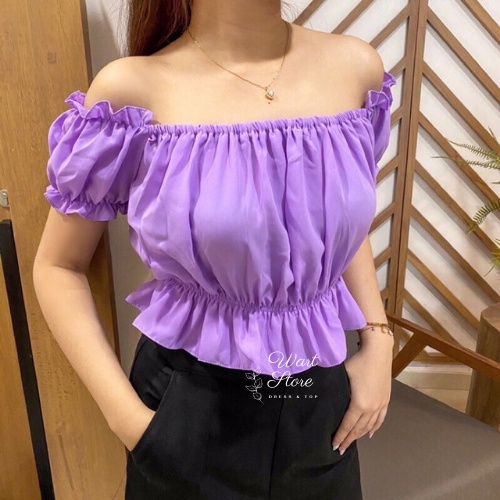 Baju Sabrina Atasan Wanita Korean Crop Top Blouse Lilac Kerut/Serut Jumbo/Big Size KAREN Sabrina