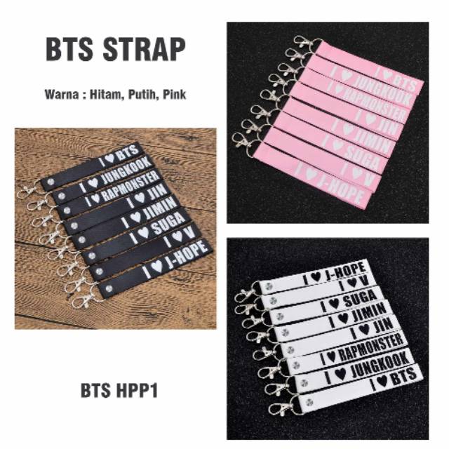 Strap BTS HPP 1 hitam putih pink Strap Lanyard Gantungan Kunci EXO BTS