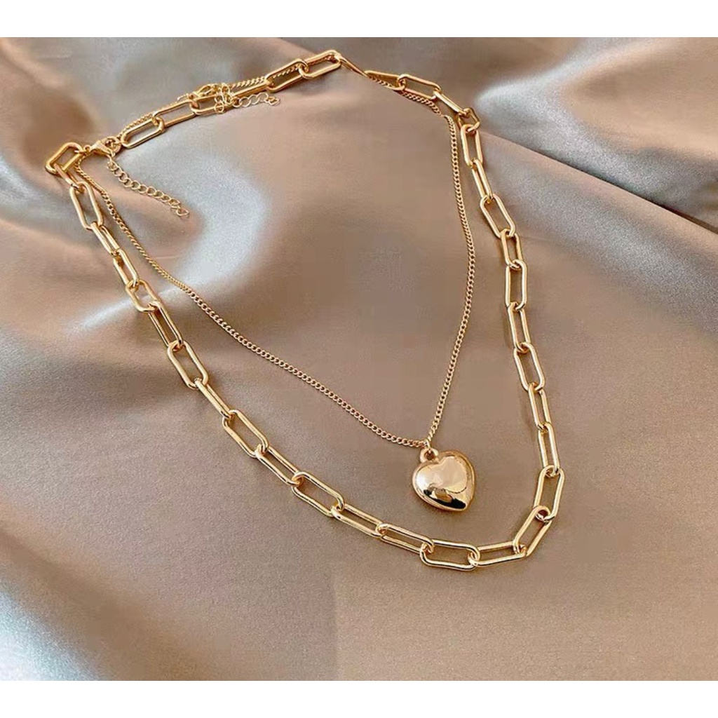 KALUNG RANTAI CHOCKER GAYA FASHION KOREA HIP HOP TITANIUM WARNA GOLD ROSEGOLD SILVER A IMPOR DOUBLE CHAIN WITH HEART LOVE