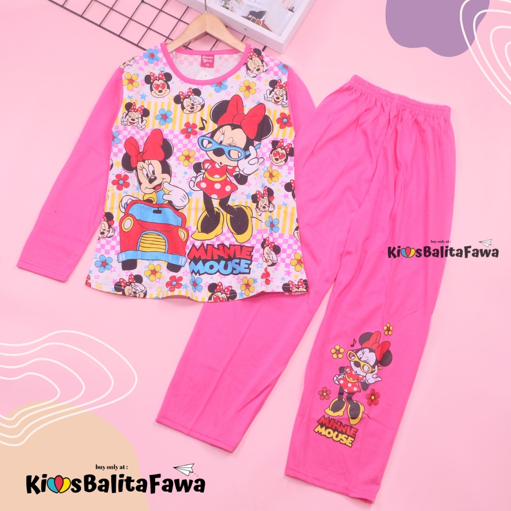 Piyama Anak Perempuan uk 5-10 Tahun / Baju Tidur Kaos Karakter Lengan Celana Panjang Disney Import