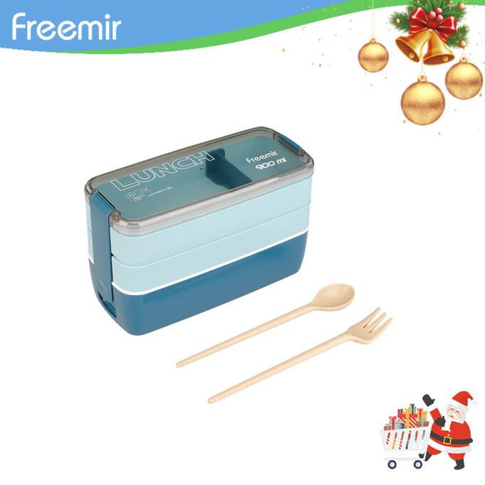 

Baru! Freemir Lunch Box 3 Layers 900Ml Leakproof Free Sendok Garpu - Biru