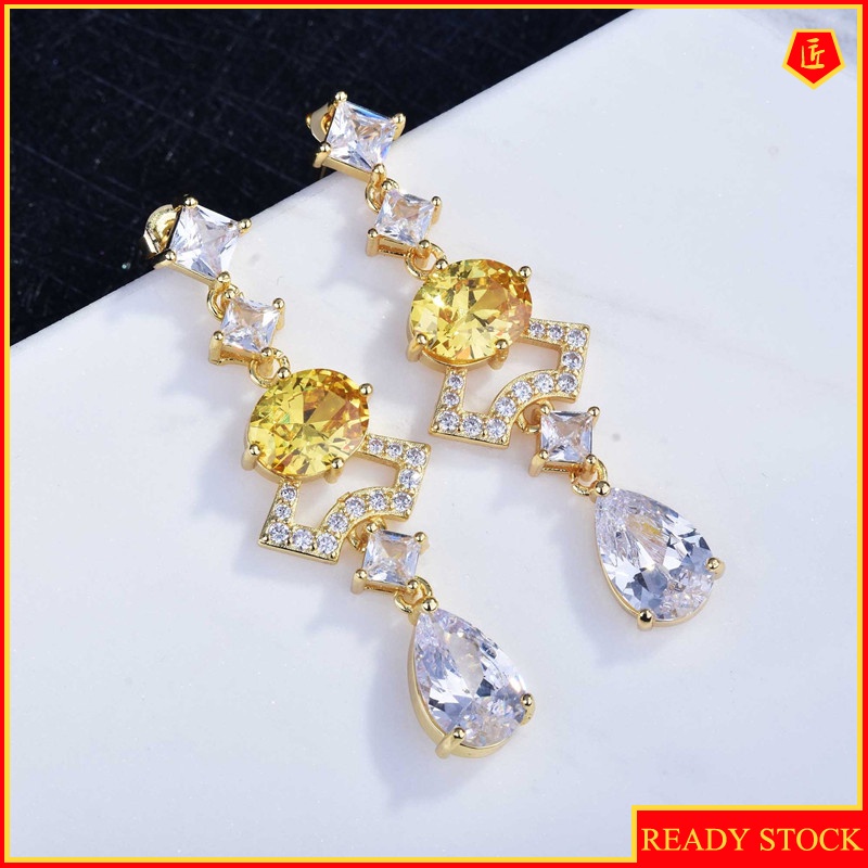[Ready Stock]S925 Silver Exaggerated Long Yellow Gem Earrings
