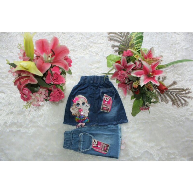 Rok Jeans / Rok Anak Perempuan / Rok Pendek / Rok Mini Karekter Boneka LED Bahan Jeans Ukuran 1 2 3 4 5 6 (usia 1- 6 tahun)