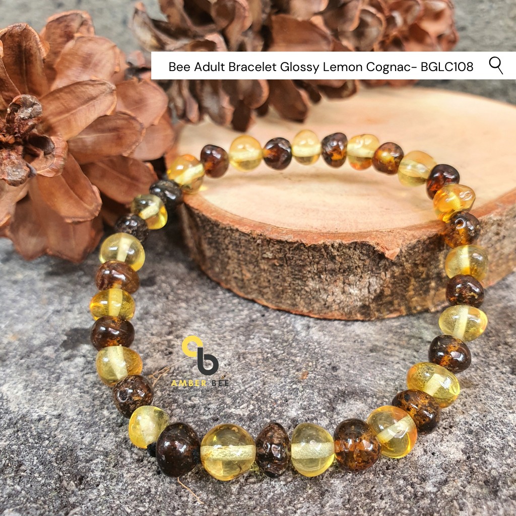 Gelang Amber Baltic Dewasa Premium Glossy Lemon Cognac Stretchy BGLC108 By Amber Bee