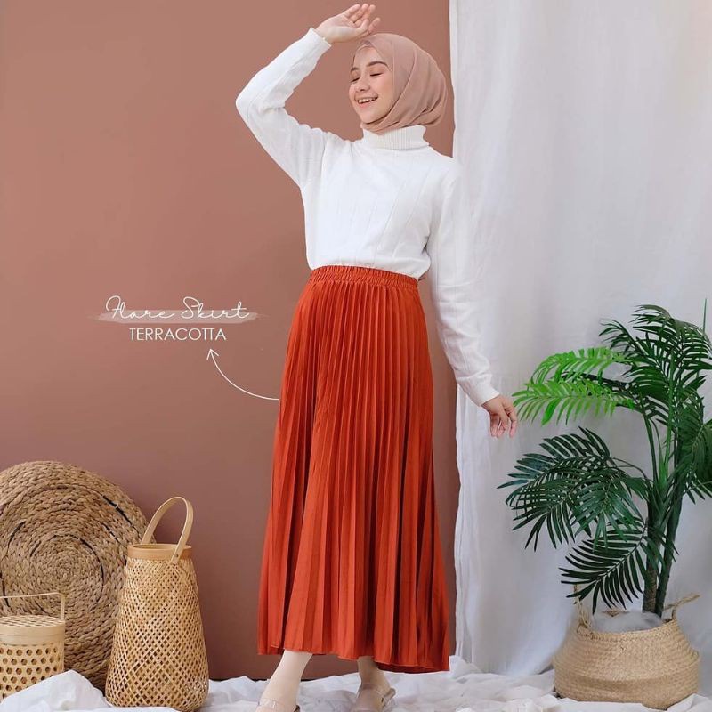 ROK PLISKET MURAH PRISKET PLEATED SALE POLOS REMPEL MUSLIMAH SKIRT ABG FLARE SKIRT MAYUNG FLOWY-TERACOTTA