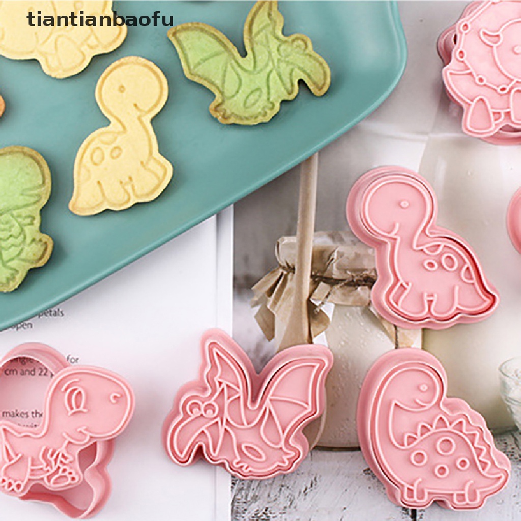 6 Pcs / set Stempel Pemotong Kue / Biskuit Bentuk Kartun Dinosaurus 3D Bahan Plastik