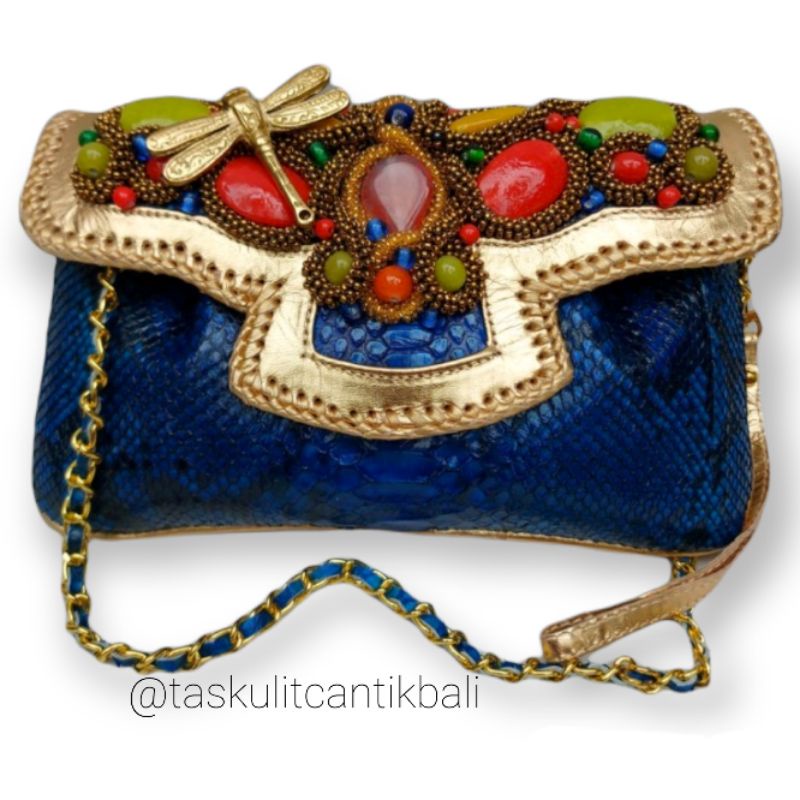 Clutch Pesta Raisa Size S Warna Biru Motif - Clutch Model Kipas Asli Tas Kulit Ular Piton