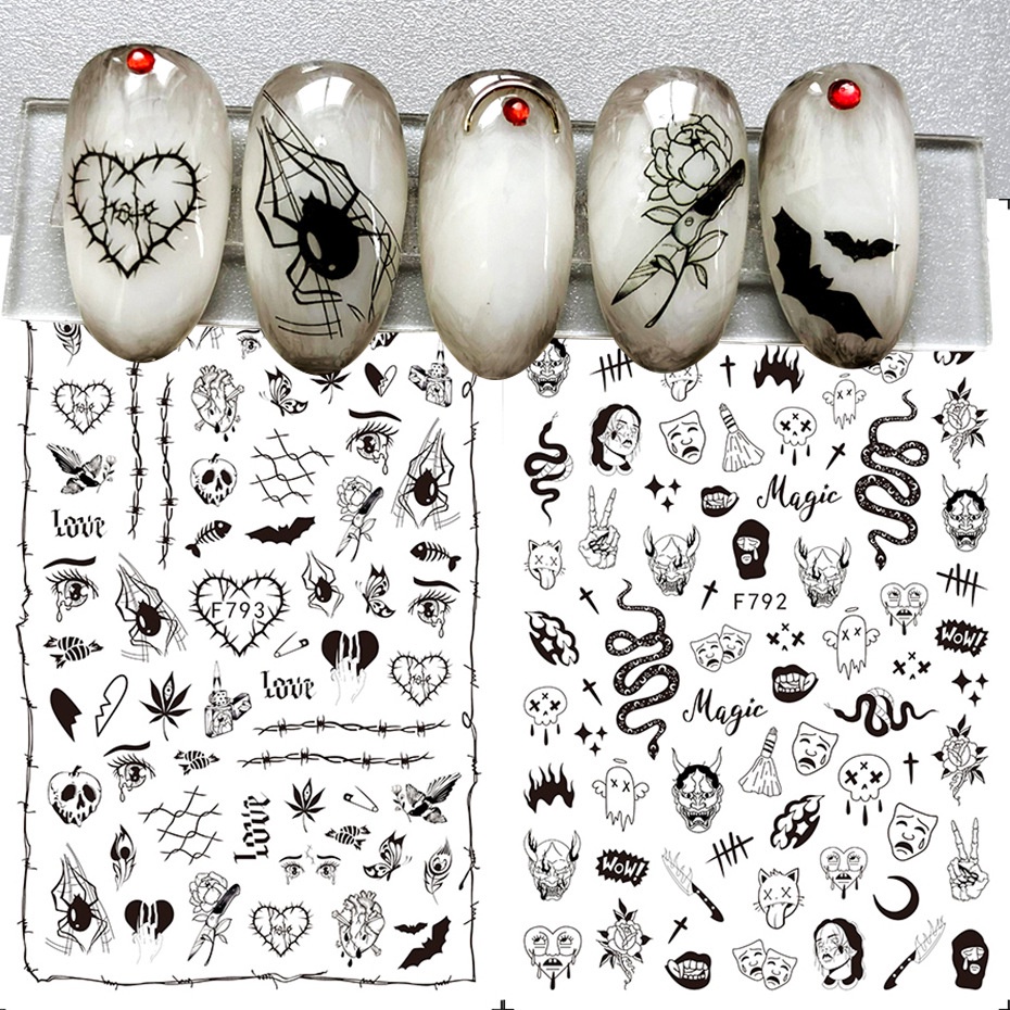 Stiker Kuku Motif Jaring Laba-Laba / Tengkorak Halloween Untuk Dekorasi Nail Art DIY