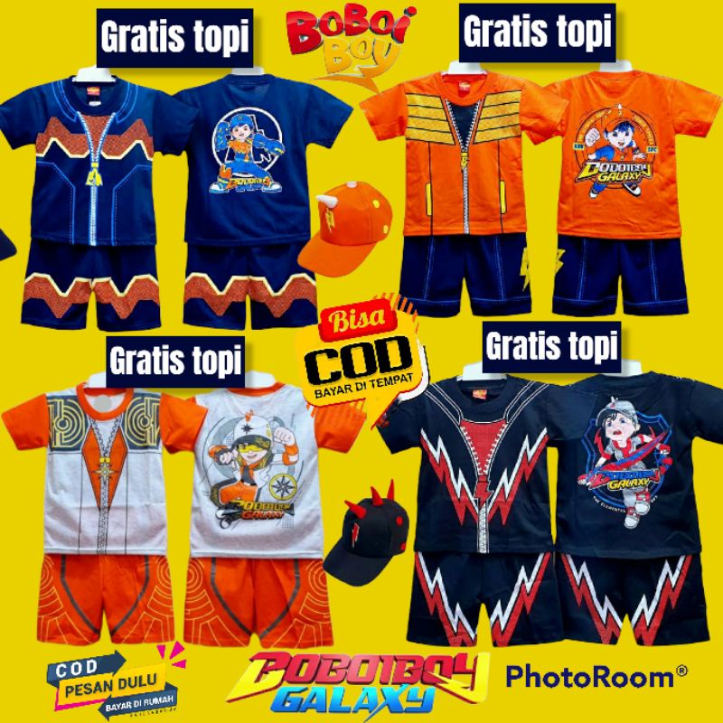 Setelan kostum boboiboy anak laki gempa solar halilintar gratis topi