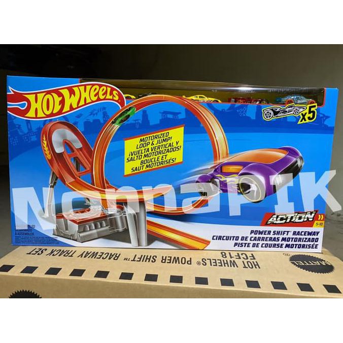 hot wheels power shift raceway track & 5 race vehicles set