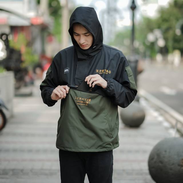 GENIOUS Jaket Cougle Hitam Hijau Jaket Parasut Pria