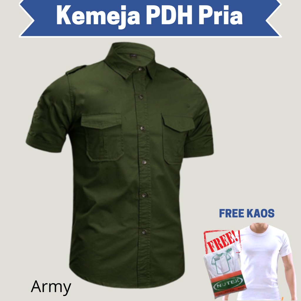 FREE KAOS OBLONG - Baju Kemeja PDH Hijau Army Polos Pria Lengan Pendek - Baju Kerja Pria Outdoor Lap