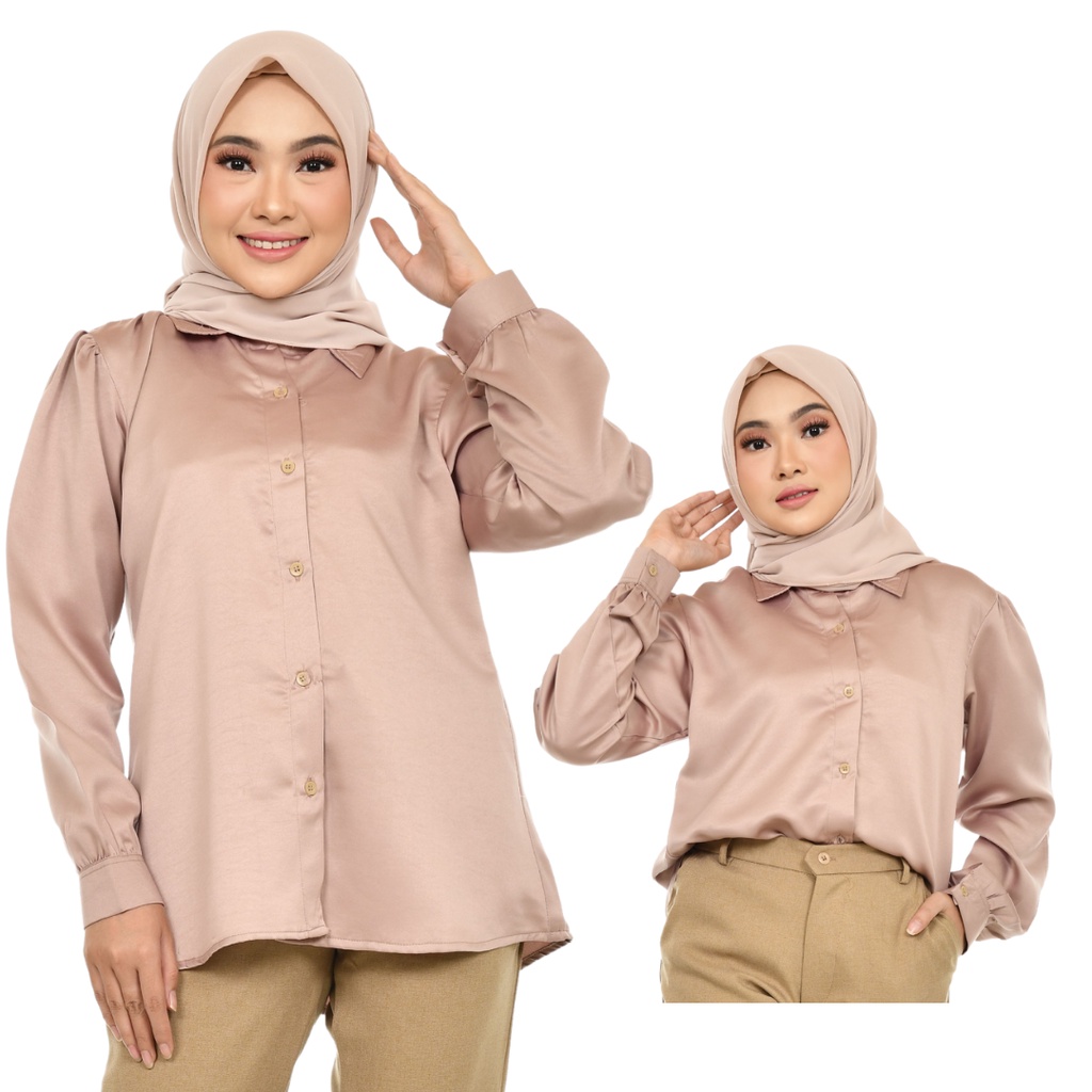 Kemeja Polos Tangan Balon Satin Velvet Adem/Kemeja Aurel Korean Style/Kemeja Wanita/Kemeja Basic