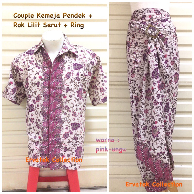 Couple Batik CBPDL21 Kemeja Pria Tangan Pendek dan Rok Lilit Serut Wanita Warna Pink Ungu / Pasangan