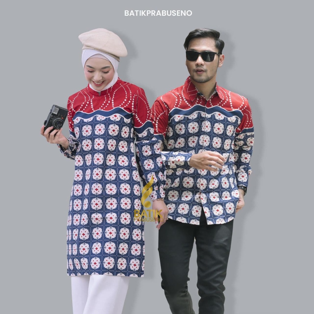 RATIH NAVY Batik Couple Kemeja Pria Tunik Wanita Hem Lengan Panjang Original Prabuseno Ori Modern At