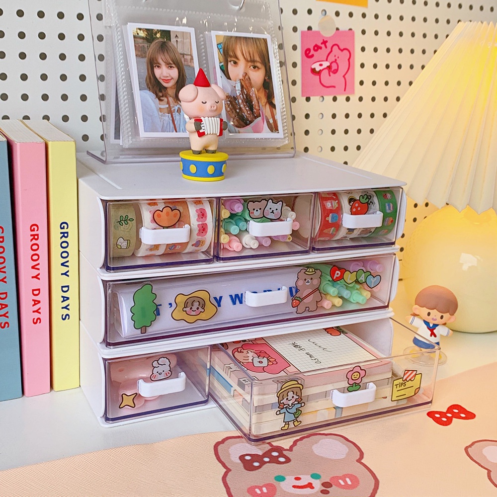 Kotak Penyimpanan Laci Desktop Korea Susun Multi-layer Storage Box Desktop Multi-layer Drawer Organizer Atk Alat Tulis Make Up Aksesoris Perhiasan Hiasan Lucu Manik