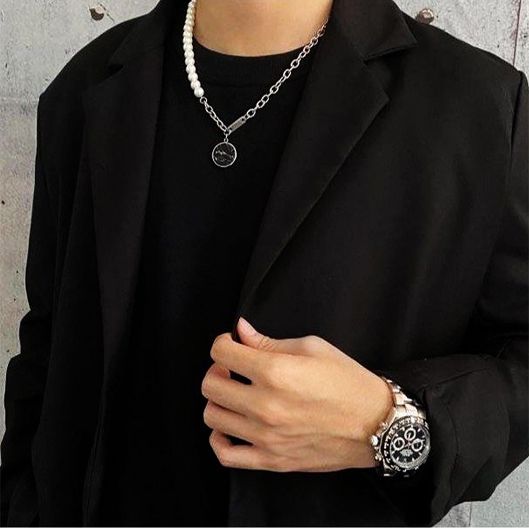 In fashion merek kepribadian Hitam tophus kalung sweet cool niche vintage pearl jahitan kalung pria