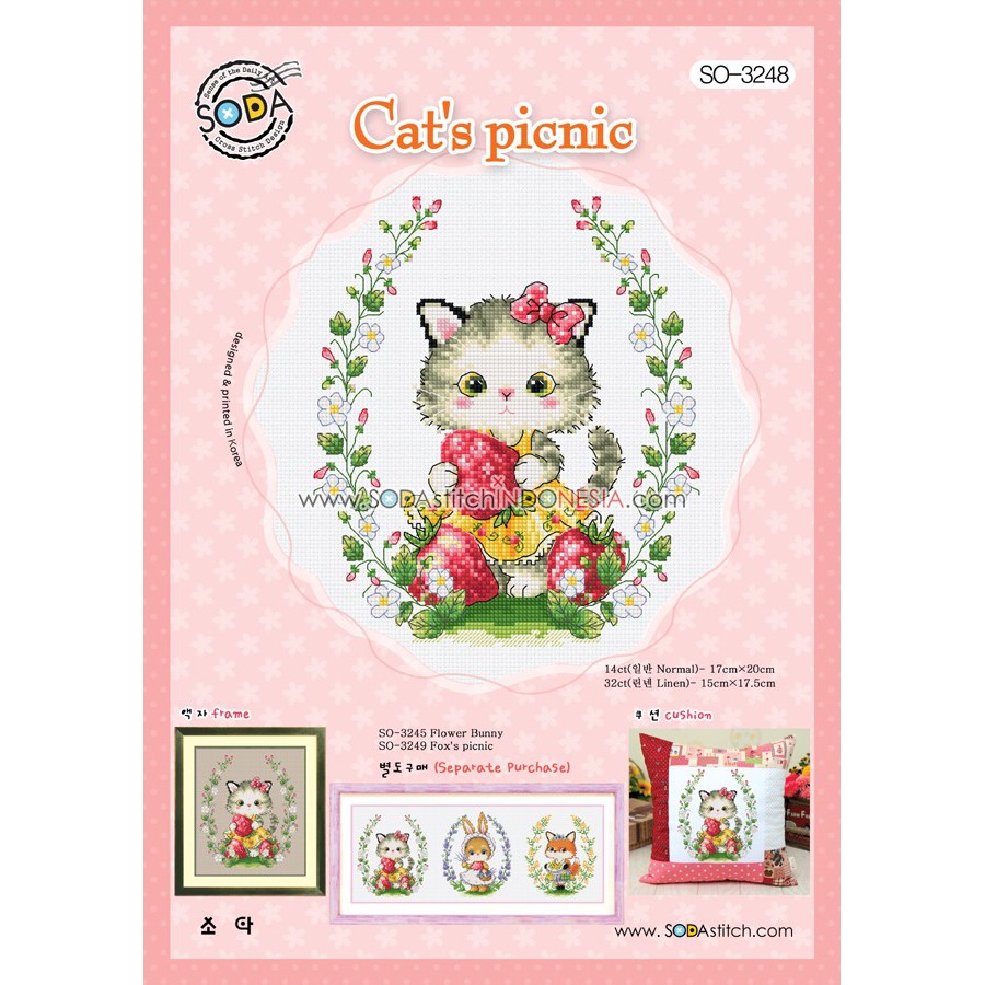 Paket DIY Craft Sulam Kristik Strimin Sodastitch SO-3248 Cat Picnic Kucing Strawberry