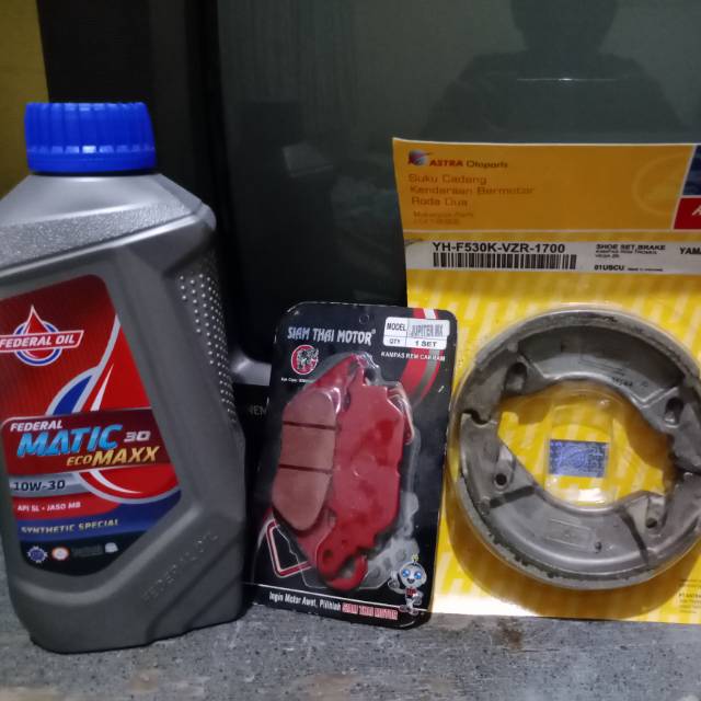 Paket kampas rem depan belakang + oli federal ecomaxx matic for mio smile/xeon/x-ride/mio J/m3/soul