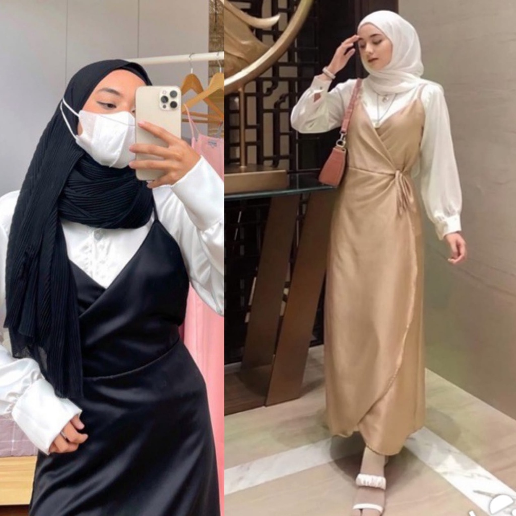 Lokal Fashion12 - (DRESS+DALEMAN)  DRESS SET SATIN SILK GAMIS SATIN DRESS DUYUNG TANKTOP DUYUNG TALI