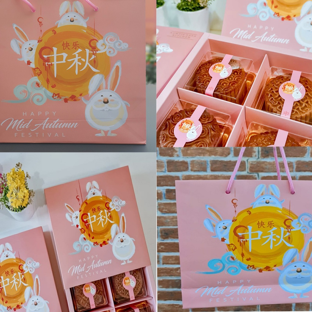

1 set box paperbag mooncake 100 gr paket paperbox pink rabbit kotak packaging hampers festival