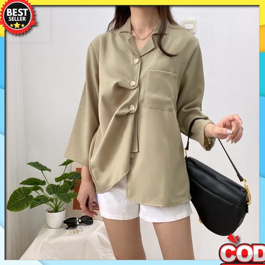 Baju Atasan Blouse Wanita Blus Lengan Panjang Balon Frizia Plaid Korean Style Kotak Kotak Kekinian R