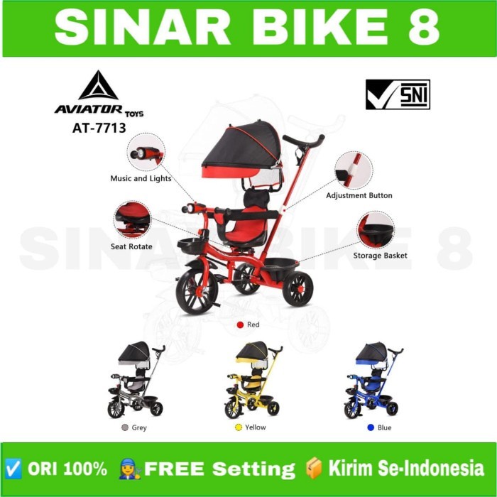 Sepeda Anak Roda Tiga  AVIATOR AT 7713 Kursi Bisa di Putar 360° Tricycle