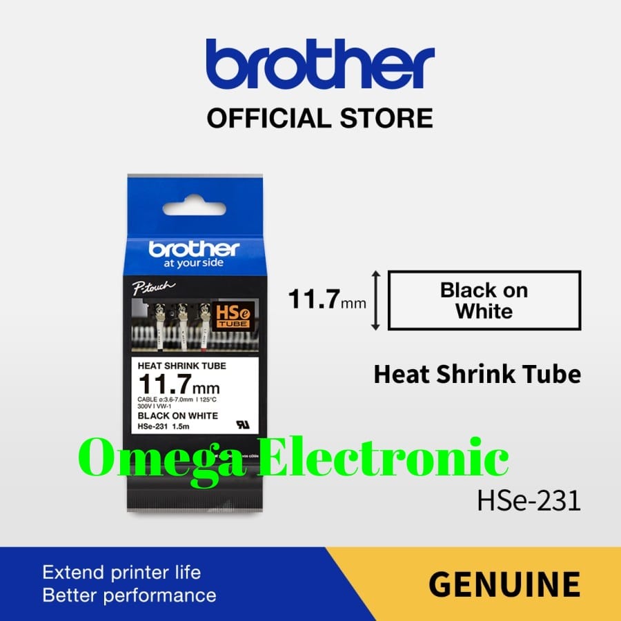 Brother Label HSe-231 11.7mm x 1.5m Heat Shrink Tube Black On White