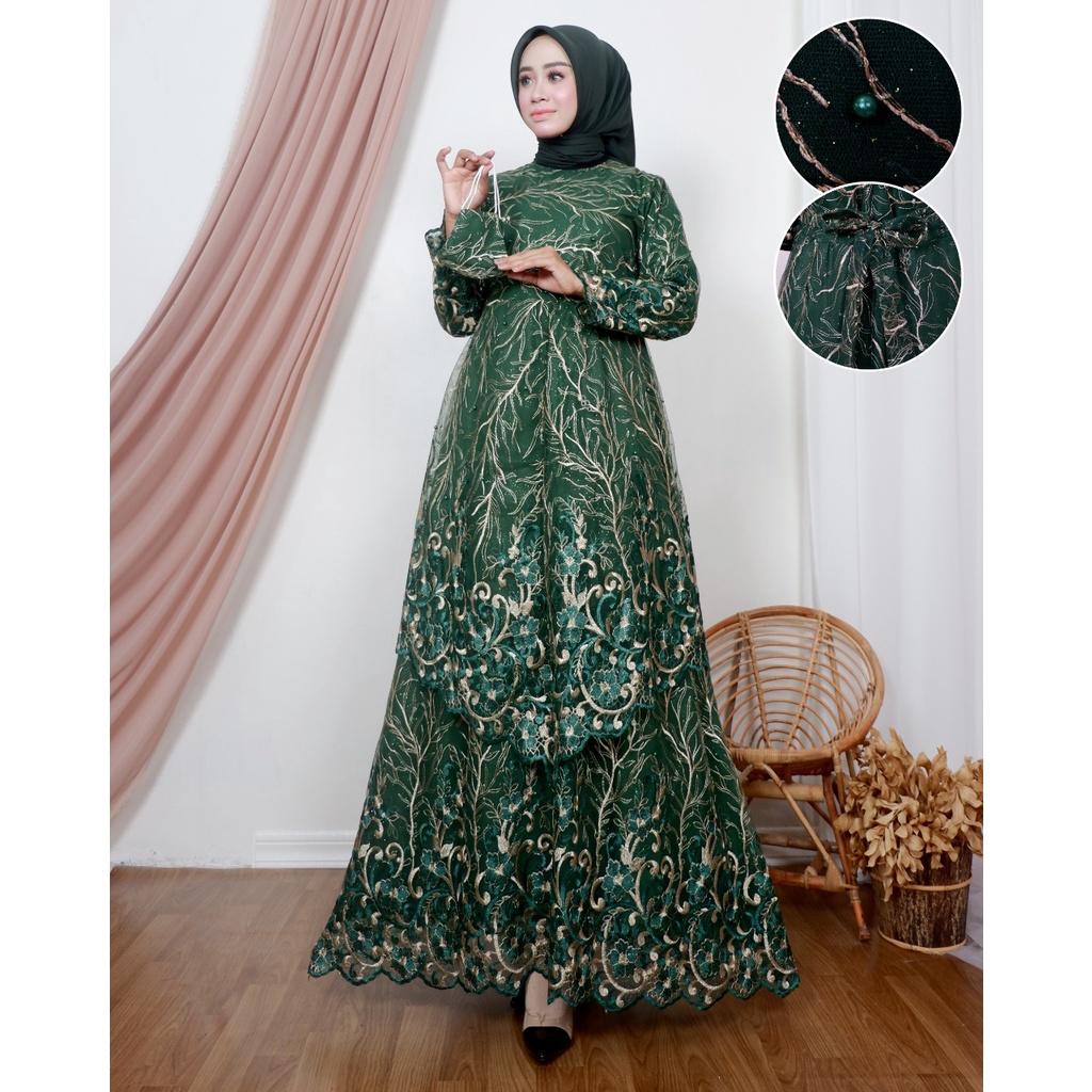 Permata Olshop / Kebaya Gamis Tingkat Runcing DJ / Gamis Pesta Mewah / Baju Gamis Pesta Wanita