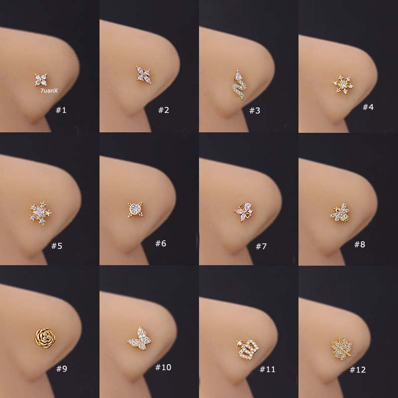 1pc Anting Tindik Hidung Bentuk L Bahan Stainless Steel Hias Zircon 20gauge Butterflylebahbunga Mawar