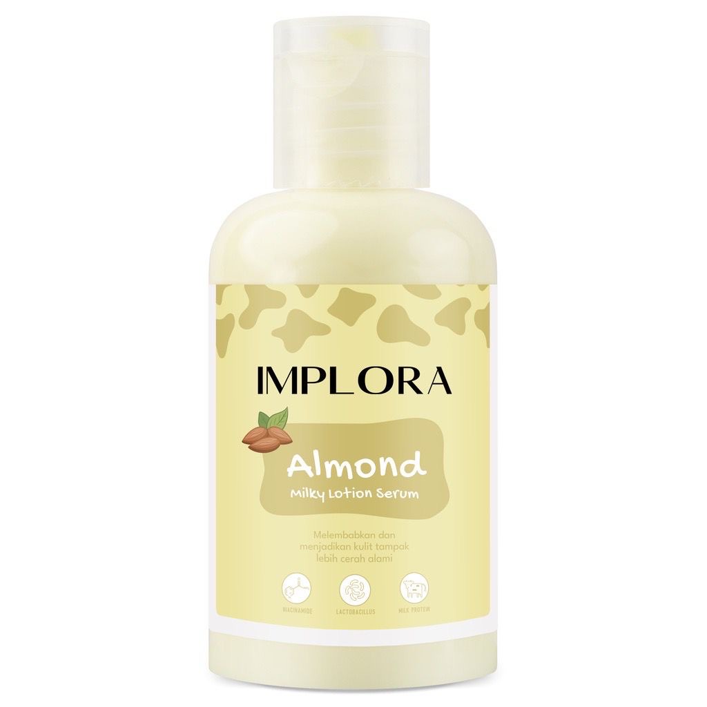 IMPLORA Milky Lotion Serum 60ml Indonesia / Almond Banana Blueberry Cherry Coconut Grape Melon Strawberry / Niacinamide Lactobacillus Milk Protein / Melembabkan Mencerahkan / Skincare Body Care Cream Butter Perawatan Treatment Kulit Tubuh Susu Paket 100ml