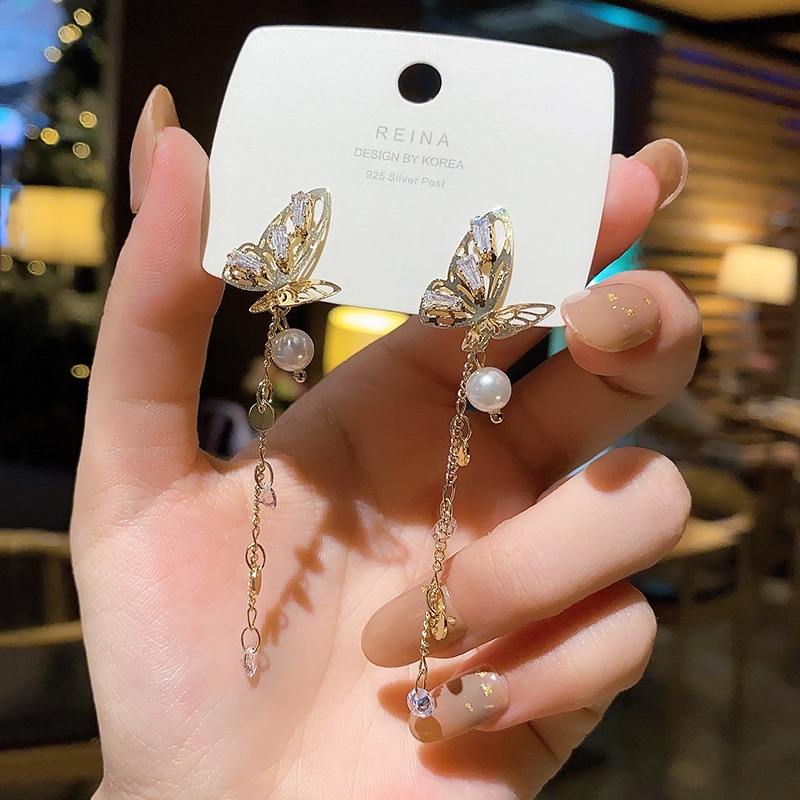 Shuling 925 Silver Needle High-quality Zircon Butterfly Earrings Female Long Tassel Pearl Earrings Super Sweet Ear Jewelry