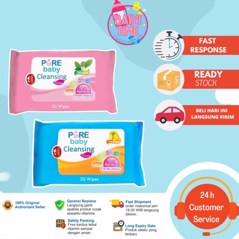 Pure Baby Cleansing Wipes Tea Olive &amp; Lemon 20 s - Purebaby tisu isi 20s - Tisu basah bayi