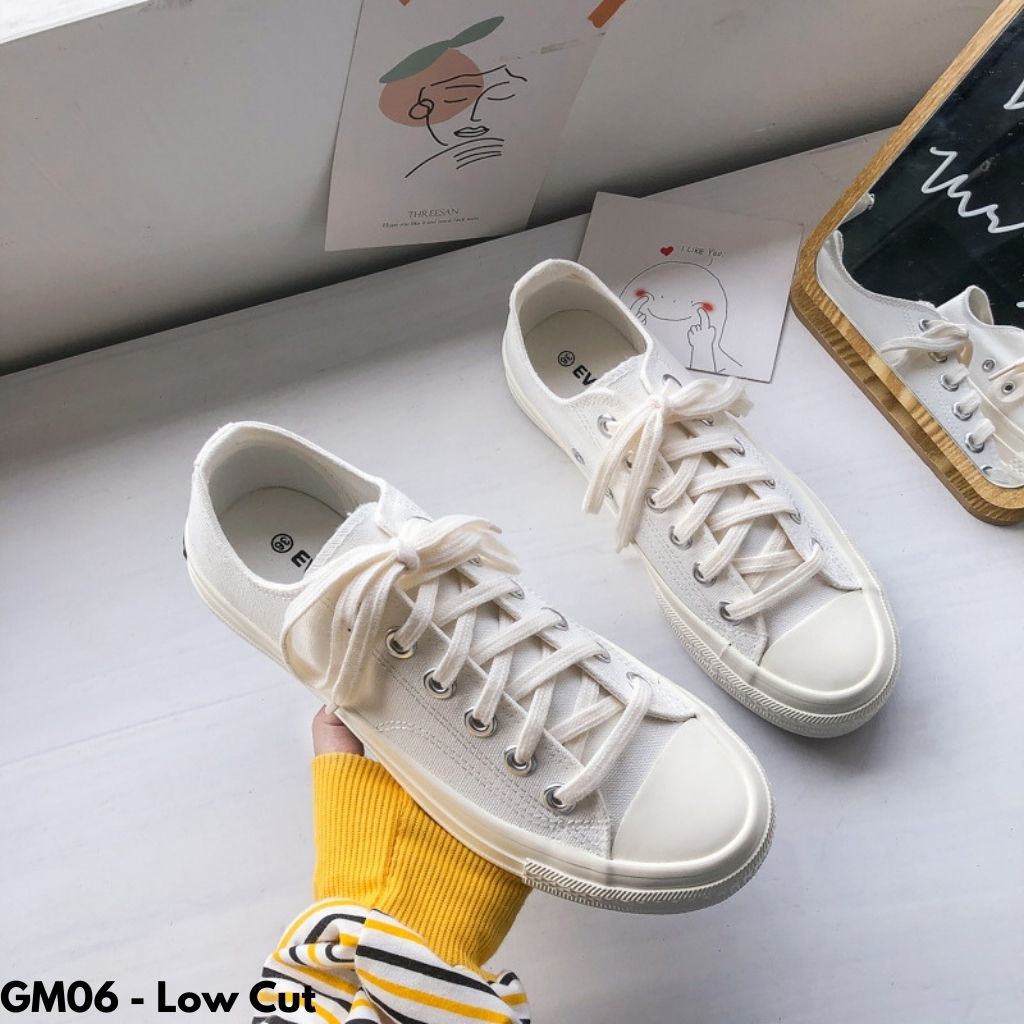 SEPATU SNEAKERS WANITA HIGH TOP LOW CUT PUTIH KANVAS GAYA KOREA GM0607 IMPORT BASIC