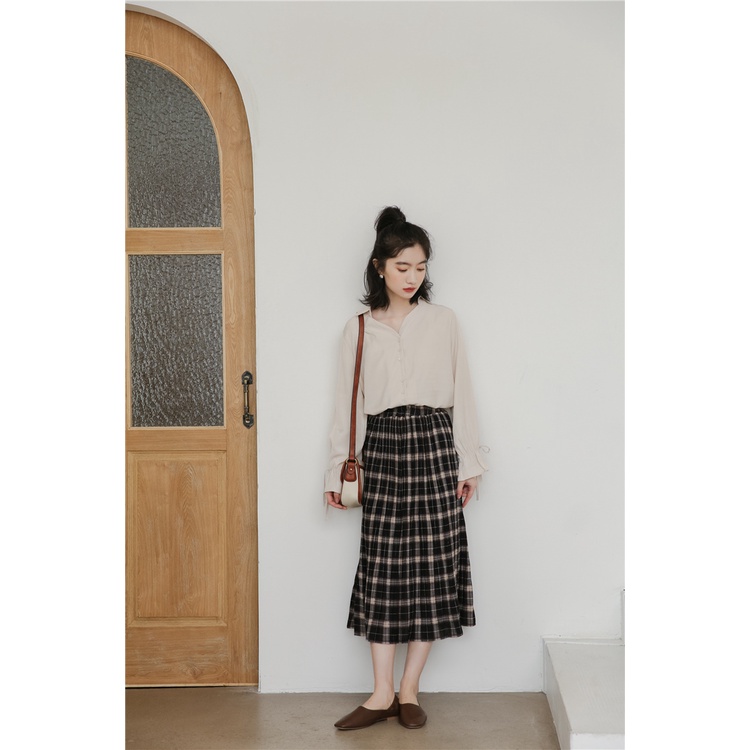 Rok Motif Kotak Midi Hitam Skirt  A-Line Lipit Panjang Korea Style Baju Wanita