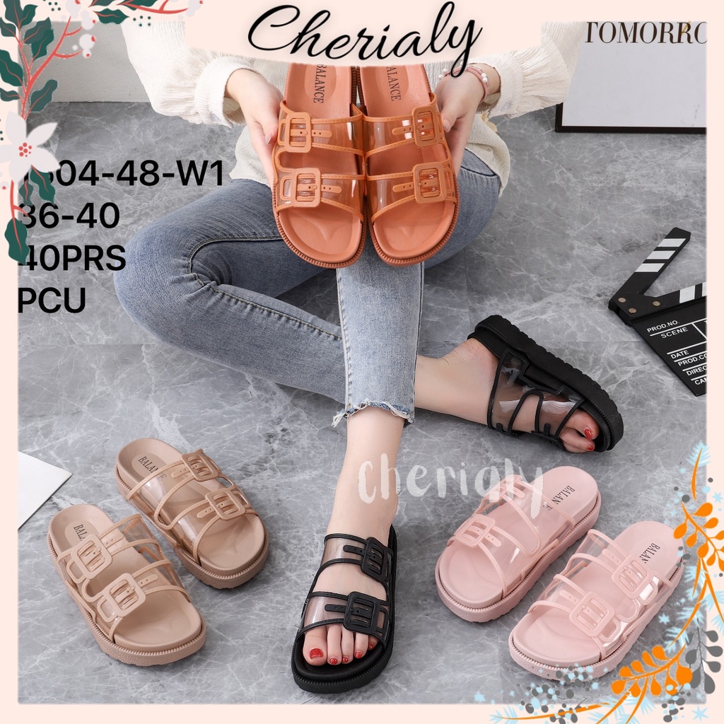 Sandal Wedges Wanita Bahan Karet Jelly Import Empuk Sol Rubber Tebal Balance Motif Gesper Bening Besar 1604