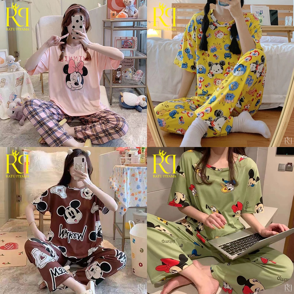 Setelan Piyama Mickey Mouse / Baju Tidur Wanita Dewasa lengan Pendek Celana Panjang motif Lucu IMPOR